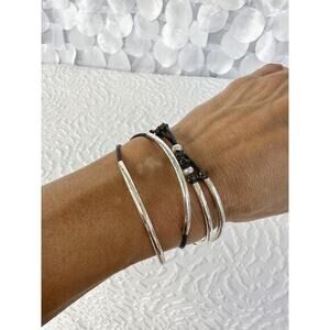 Lizzy James Silver & Fresh Water Pearl 2 Strand Wrap Bracelet Black Cord USA 13”